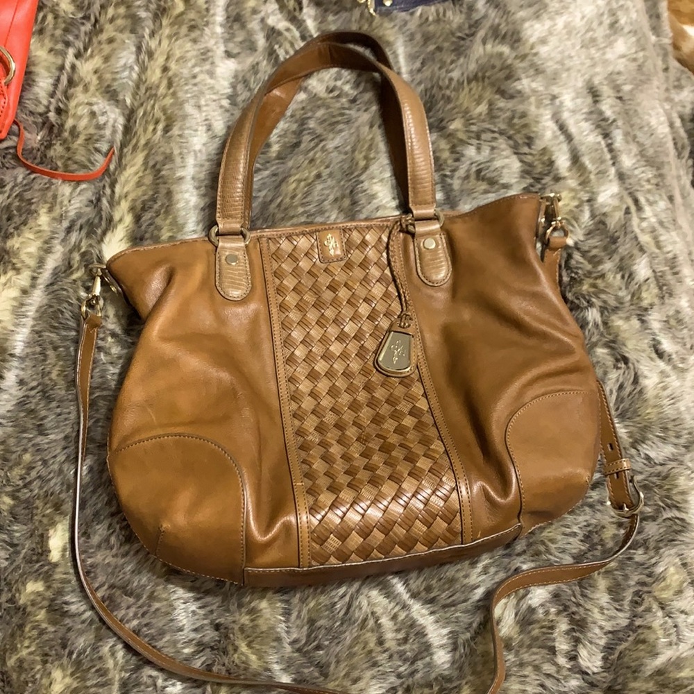 Cole Haan Brown Leather Devin Heritage Weave Satchel